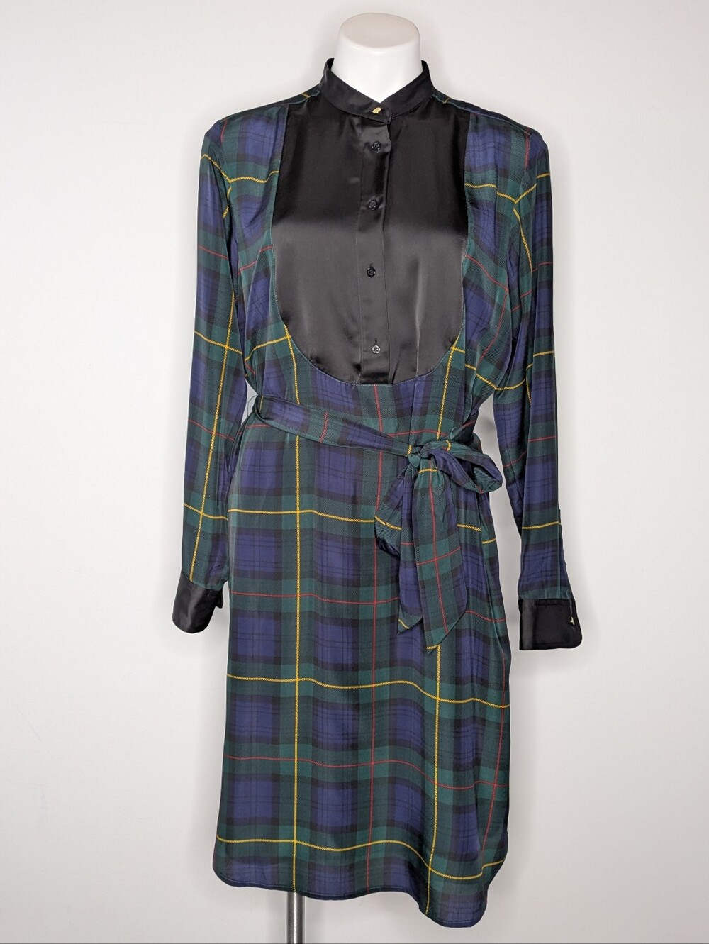 NWT LRL Blue Green Black Plaid Long Sleeve Knee Length Dress 10